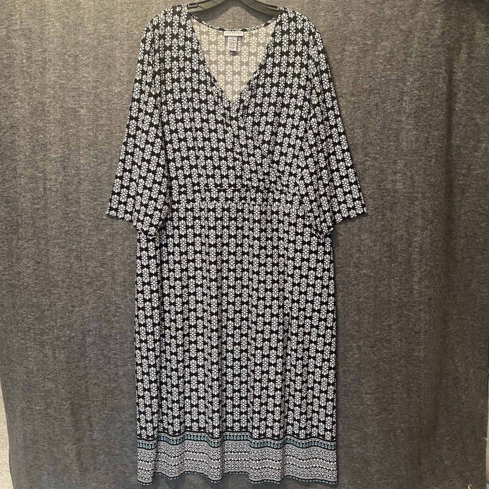Catherines Maxi Dress Womens 3X‎ 26/28W Surplice Tie Stretch Black White Floral